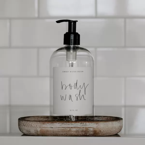 imageSweet Water Decor 16 oz Clear Plastic Shower Gel Dispensers  Refill Body Wash Bottles  Refillable Bathroom Soap Bottles with Waterproof Labels  Reusable Shower Bottle Body WashClear Bottle  Script Design