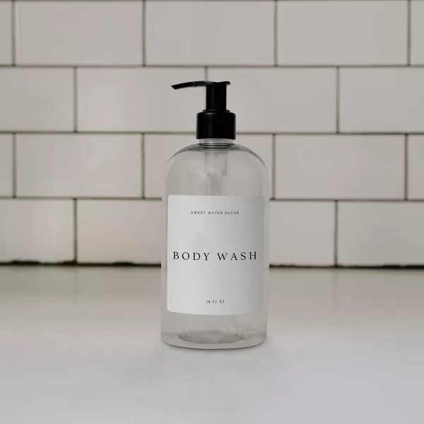 imageSweet Water Decor 16 oz Clear Plastic Shower Gel Dispensers  Refill Body Wash Bottles  Refillable Bathroom Soap Bottles with Waterproof Labels  Reusable Shower Bottle Body WashClear Bottle  Modern White Label