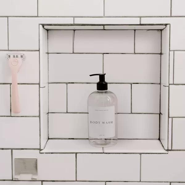imageSweet Water Decor 16 oz Clear Plastic Shower Gel Dispensers  Refill Body Wash Bottles  Refillable Bathroom Soap Bottles with Waterproof Labels  Reusable Shower Bottle Body WashClear Bottle  Modern White Label
