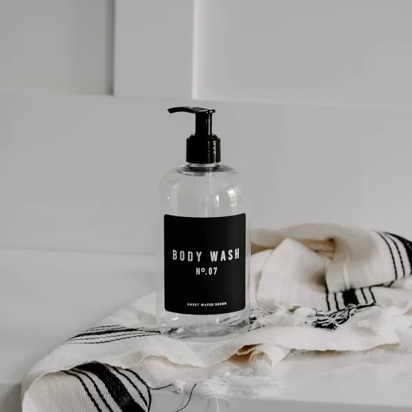 imageSweet Water Decor 16 oz Clear Plastic Shower Gel Dispensers  Refill Body Wash Bottles  Refillable Bathroom Soap Bottles with Waterproof Labels  Reusable Shower Bottle Body WashClear Bottle  Black Label