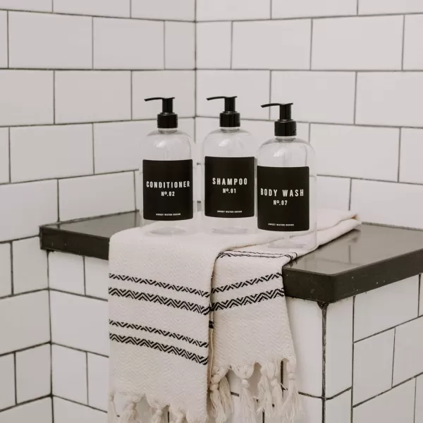 imageSweet Water Decor 16 oz Clear Plastic Shower Gel Dispensers  Refill Body Wash Bottles  Refillable Bathroom Soap Bottles with Waterproof Labels  Reusable Shower Bottle Body WashClear Bottle  Black Label