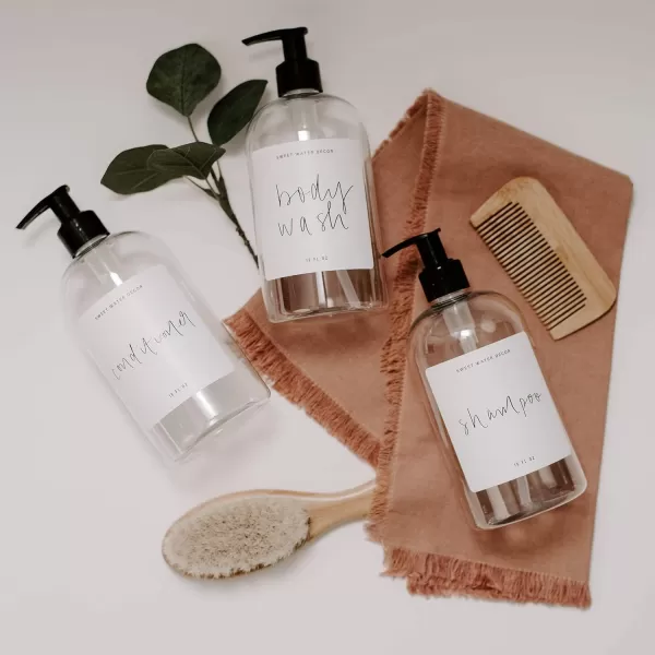 imageSweet Water Decor 16 oz Clear Plastic Shower Gel Dispensers  Refill Body Wash Bottles  Refillable Bathroom Soap Bottles with Waterproof Labels  Reusable Shower Bottle Body WashClear Bottle  Script Design
