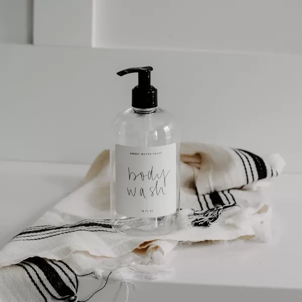 imageSweet Water Decor 16 oz Clear Plastic Shower Gel Dispensers  Refill Body Wash Bottles  Refillable Bathroom Soap Bottles with Waterproof Labels  Reusable Shower Bottle Body WashClear Bottle  Script Design