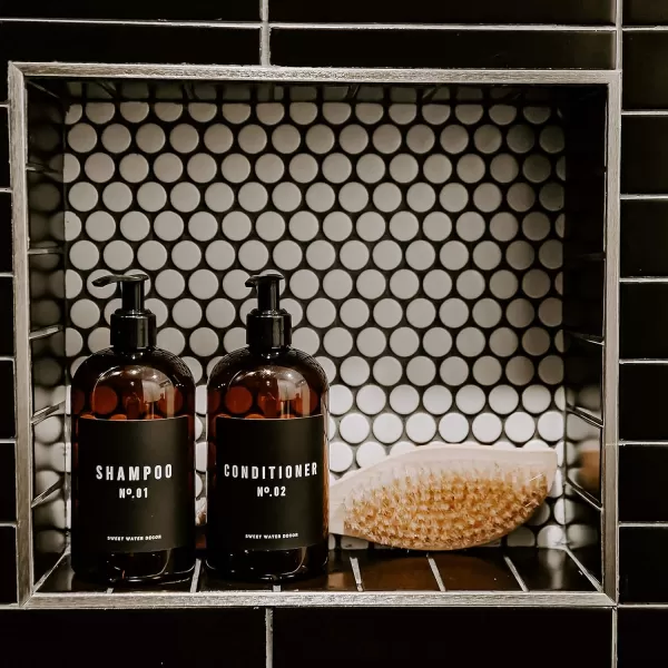 imageSweet Water Decor Amber 16 oz Plastic Dispensers  Refill Jar Soap Dispenser  Refillable Bathroom Bottles with Pump ShampooShampoo Bottle  Black Label