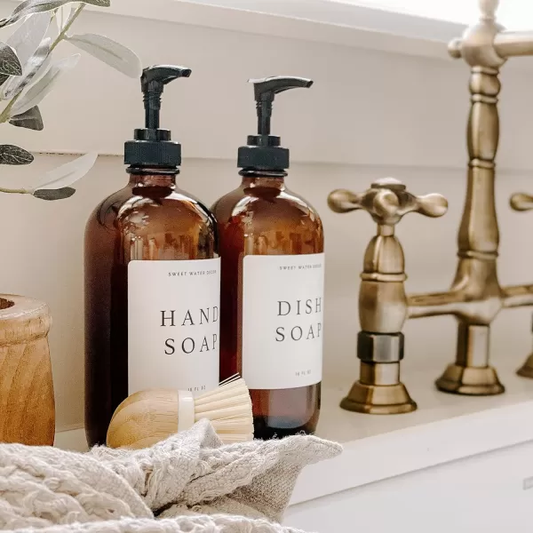imageSweet Water Decor Amber Glass Jar Refill Soap Dispenser  Farmhouse Hand Lettered Waterproof Labels  16 oz Reusable Apothecary Jar with Pump Dish SoapAmber Bottle  Modern White Label