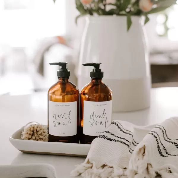 imageSweet Water Decor Amber Glass Jar Refill Soap Dispenser  Farmhouse Hand Lettered Waterproof Labels  16 oz Reusable Apothecary Jar with Pump Dish SoapAmber Bottle  Script Design
