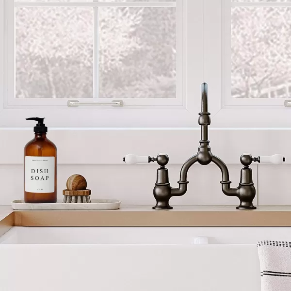 imageSweet Water Decor Amber Glass Jar Refill Soap Dispenser  Farmhouse Hand Lettered Waterproof Labels  16 oz Reusable Apothecary Jar with Pump Dish SoapAmber Bottle  Modern White Label