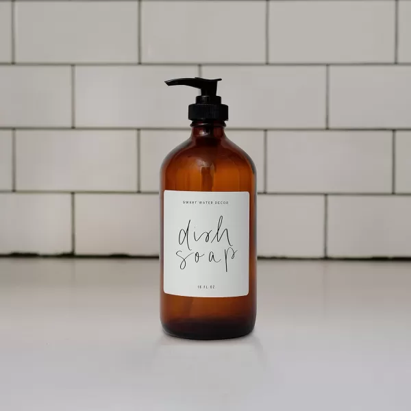 imageSweet Water Decor Amber Glass Jar Refill Soap Dispenser  Farmhouse Hand Lettered Waterproof Labels  16 oz Reusable Apothecary Jar with Pump Dish SoapAmber Bottle  Script Design