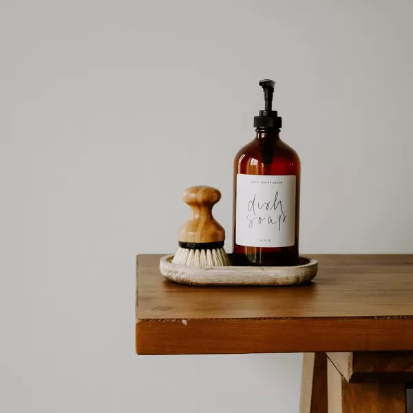 imageSweet Water Decor Amber Glass Jar Refill Soap Dispenser  Farmhouse Hand Lettered Waterproof Labels  16 oz Reusable Apothecary Jar with Pump Dish SoapAmber Bottle  Script Design