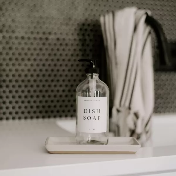 imageSweet Water Decor Amber Glass Jar Refill Soap Dispenser  Farmhouse Hand Lettered Waterproof Labels  16 oz Reusable Apothecary Jar with Pump Dish SoapClear Bottle  Modern White Label