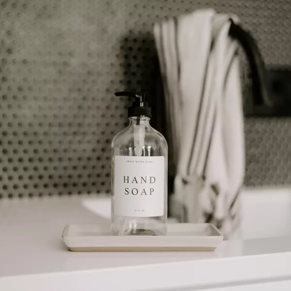 imageSweet Water Decor Amber Glass Jar Refill Soap Dispenser  Farmhouse Hand Lettered Waterproof Labels  16 oz Reusable Apothecary Jar with Pump Dish SoapClear Bottle  Modern White Label