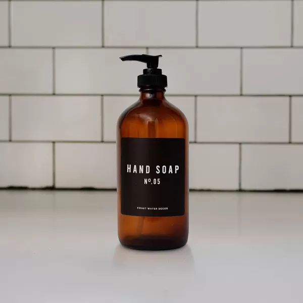 imageSweet Water Decor Amber Glass Refill Soap Dispenser  Farmhouse Rustic Waterproof Bathroom Label  16 oz Reusable Soap Bottle with Pump Hand SoapAmber Bottle  Black Label