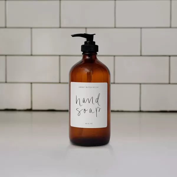 imageSweet Water Decor Amber Glass Refill Soap Dispenser  Farmhouse Rustic Waterproof Bathroom Label  16 oz Reusable Soap Bottle with Pump Hand SoapAmber Bottle  Script Design