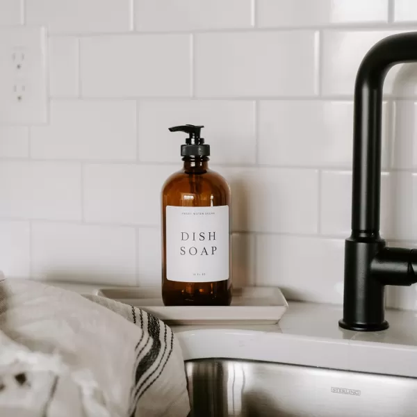 imageSweet Water Decor Amber Glass Refill Soap Dispenser  Farmhouse Rustic Waterproof Bathroom Label  16 oz Reusable Soap Bottle with Pump Hand SoapAmber Bottle  Modern White Label