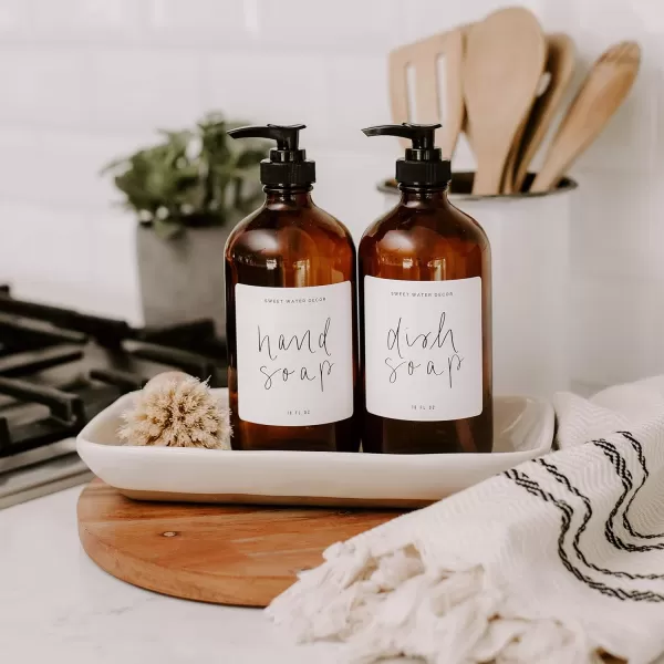 imageSweet Water Decor Amber Glass Refill Soap Dispenser  Farmhouse Rustic Waterproof Bathroom Label  16 oz Reusable Soap Bottle with Pump Hand SoapAmber Bottle  Script Design
