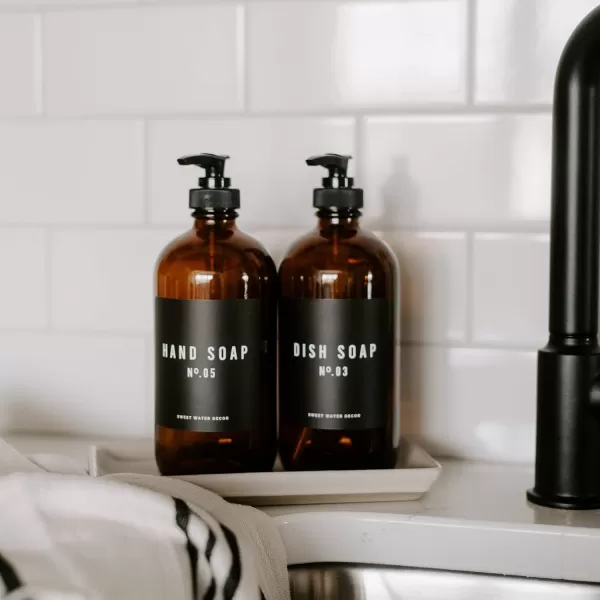 imageSweet Water Decor Amber Glass Refill Soap Dispenser  Farmhouse Rustic Waterproof Bathroom Label  16 oz Reusable Soap Bottle with Pump Hand SoapAmber Bottle  Black Label