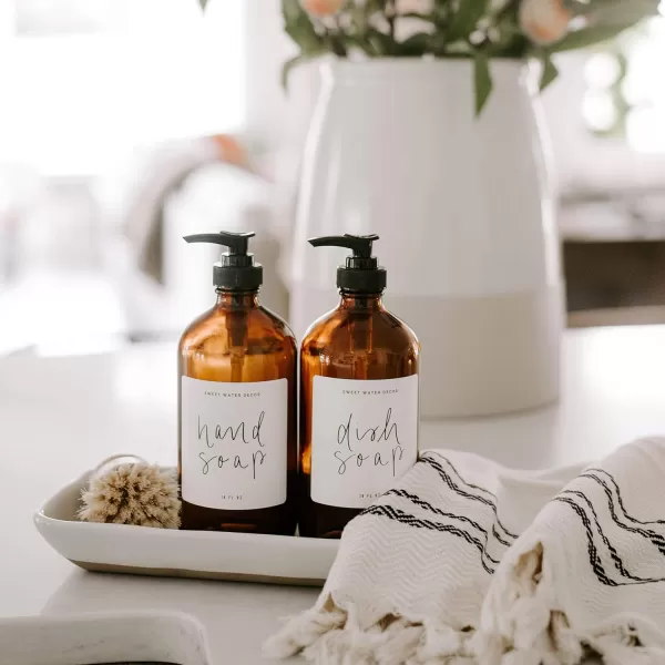 imageSweet Water Decor Amber Glass Refill Soap Dispenser  Farmhouse Rustic Waterproof Bathroom Label  16 oz Reusable Soap Bottle with Pump Hand SoapAmber Bottle  Script Design