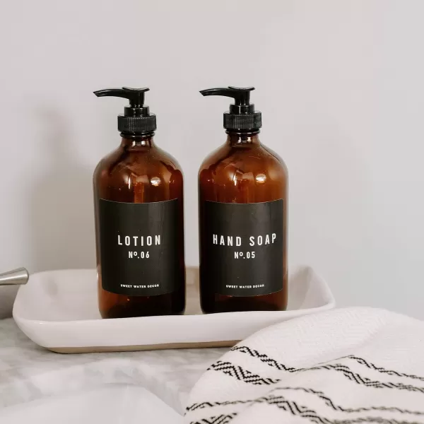 imageSweet Water Decor Amber Glass Refill Soap Dispenser  Farmhouse Rustic Waterproof Bathroom Label  16 oz Reusable Soap Bottle with Pump Hand SoapAmber Bottle  Black Label