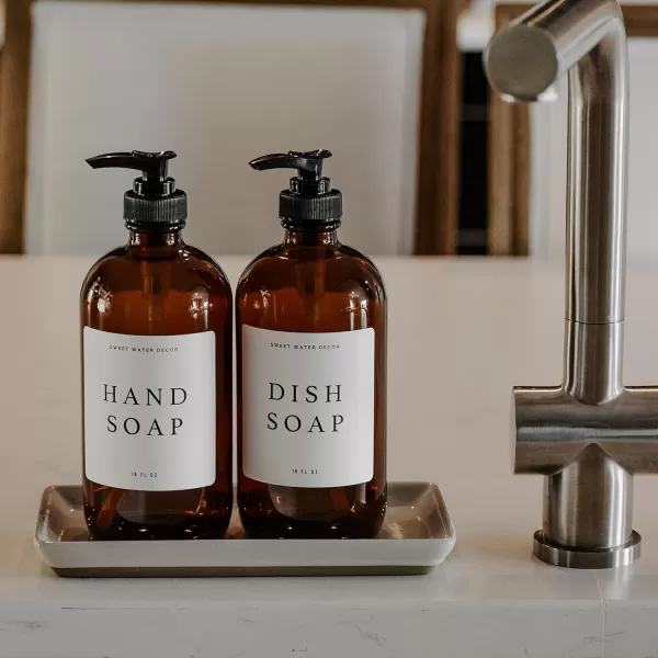 imageSweet Water Decor Amber Glass Refill Soap Dispenser  Farmhouse Rustic Waterproof Bathroom Label  16 oz Reusable Soap Bottle with Pump Hand SoapAmber Bottle  Modern White Label