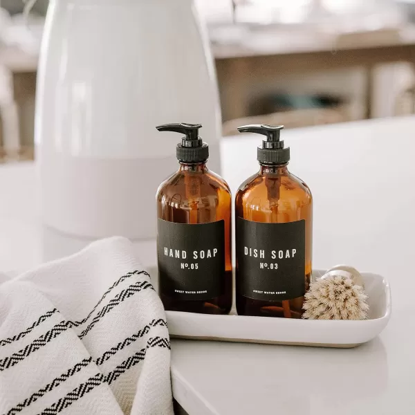 imageSweet Water Decor Amber Glass Refill Soap Dispenser  Farmhouse Rustic Waterproof Bathroom Label  16 oz Reusable Soap Bottle with Pump Hand SoapAmber Bottle  Black Label