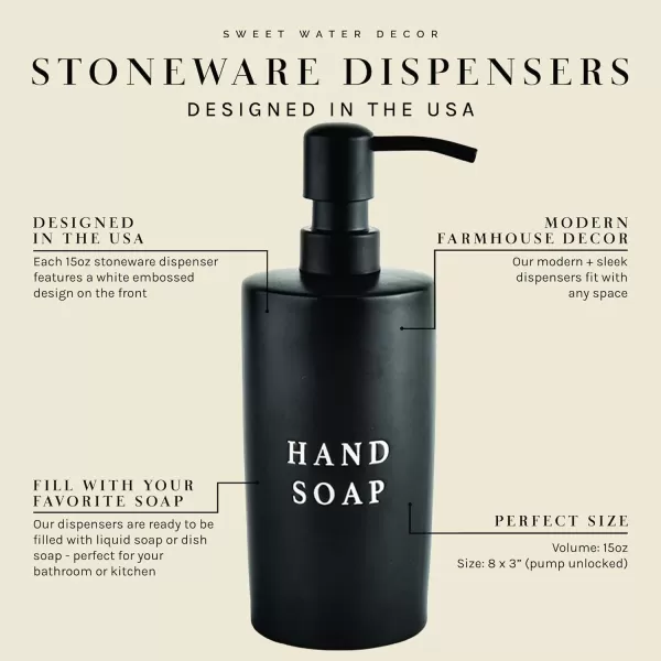 imageSweet Water Decor Black Stoneware Jar with Matte Black Metal Pump  Refill Hand Soap Dispenser  15 oz Refillable Bottle with Black Embossed Text  Rustic Modern Farmhouse Gift Hand SoapBlack