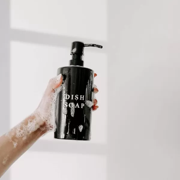 imageSweet Water Decor Black Stoneware Jar with Matte Black Metal Pump  Refill Hand Soap Dispenser  15 oz Refillable Bottle with Black Embossed Text  Rustic Modern Farmhouse Gift Hand SoapBlack