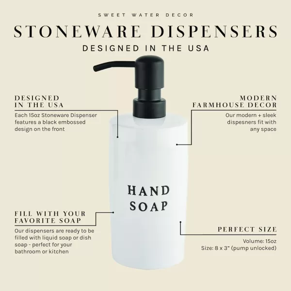 imageSweet Water Decor Black Stoneware Jar with Matte Black Metal Pump  Refill Hand Soap Dispenser  15 oz Refillable Bottle with Black Embossed Text  Rustic Modern Farmhouse Gift Hand SoapWhite