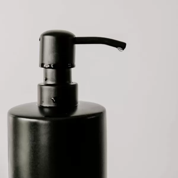 imageSweet Water Decor Black Stoneware Jar with Matte Black Metal Pump  Refill Hand Soap Dispenser  15 oz Refillable Bottle with Black Embossed Text  Rustic Modern Farmhouse Gift Hand SoapBlack