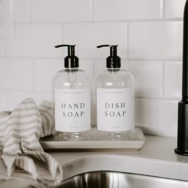 imageSweet Water Decor Clear 16 oz Plastic Soap Bottle Dispenser  HandLettered Dish Soap Label on Dispensers  Farmhouse Kitchen  Refillable Soap Bottles  Soap PumpClear Bottle  Modern White Label