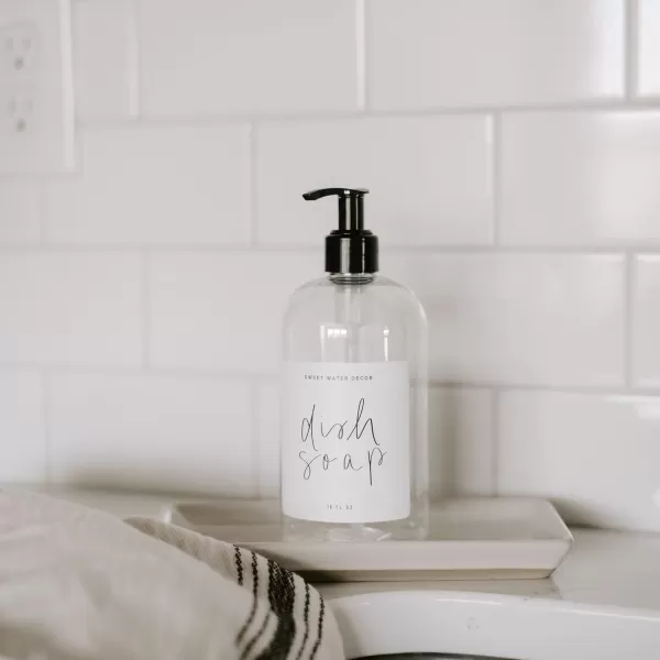imageSweet Water Decor Clear 16 oz Plastic Soap Bottle Dispenser  HandLettered Dish Soap Label on Dispensers  Farmhouse Kitchen  Refillable Soap Bottles  Soap PumpClear Bottle  Script Design