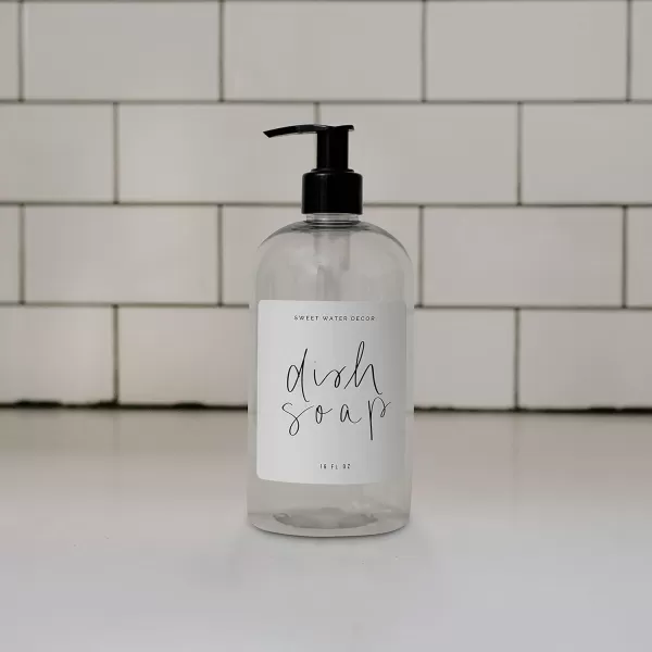 imageSweet Water Decor Clear 16 oz Plastic Soap Bottle Dispenser  HandLettered Dish Soap Label on Dispensers  Farmhouse Kitchen  Refillable Soap Bottles  Soap PumpClear Bottle  Script Design