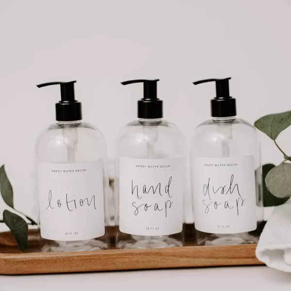 imageSweet Water Decor Clear 16 oz Plastic Soap Bottle Dispenser  HandLettered Dish Soap Label on Dispensers  Farmhouse Kitchen  Refillable Soap Bottles  Soap PumpClear Bottle  Script Design