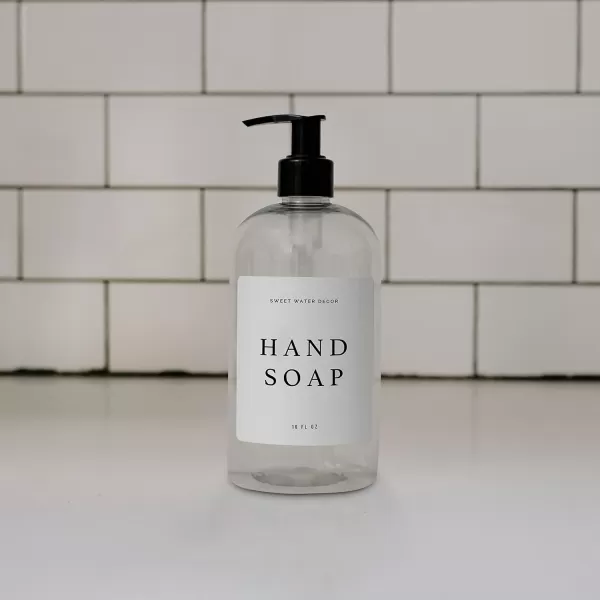 imageSweet Water Decor Clear 16 oz Plastic Soap Bottle Dispenser  HandLettered Hand Soap Label on Dispensers  Farmhouse Kitchen  Refillable Soap Bottles  Soap PumpClear Bottle  Modern White Label