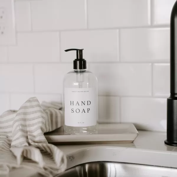 imageSweet Water Decor Clear 16 oz Plastic Soap Bottle Dispenser  HandLettered Hand Soap Label on Dispensers  Farmhouse Kitchen  Refillable Soap Bottles  Soap PumpClear Bottle  Modern White Label