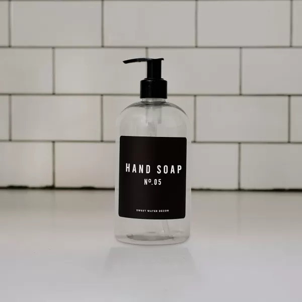 imageSweet Water Decor Clear 16 oz Plastic Soap Bottle Dispenser  HandLettered Hand Soap Label on Dispensers  Farmhouse Kitchen  Refillable Soap Bottles  Soap PumpClear Bottle  Black Label