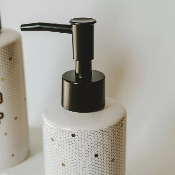 imageSweet Water Decor Gold Tile Hand Soap Dispenser  Refill Hand Soap Dispenser  85 oz Refillable White and Gold Honeycomb Design Tile Dispenser  Rustic Modern Farmhouse GiftWhite and Gold Honeycomb