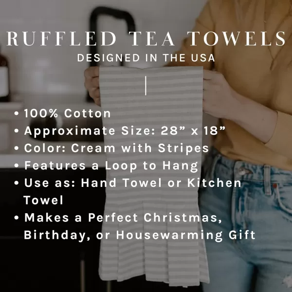 imageSweet Water Decor Striped Tea Towel with Ruffle  100 Cotton  Large Size 28 x 18 inches  Cream with Grey Decorative Stripes  Neutral Kitchen Towel  Bathroom TowelCream and Tan