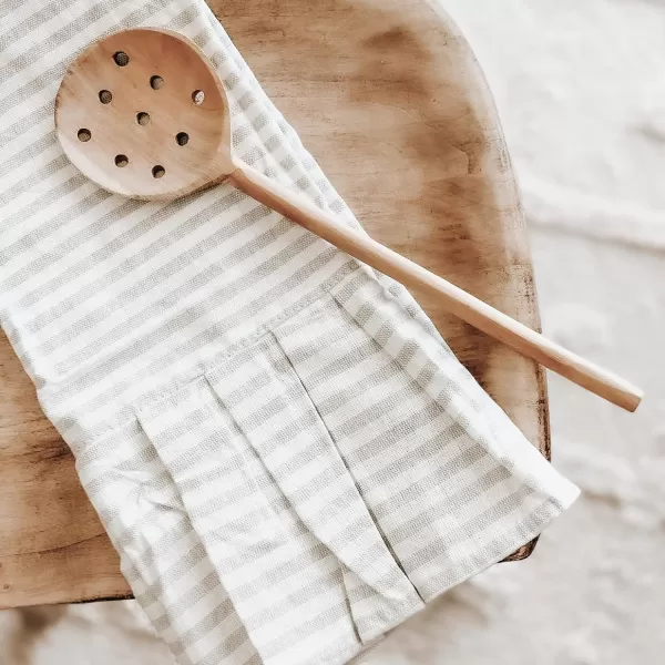 imageSweet Water Decor Striped Tea Towel with Ruffle  100 Cotton  Large Size 28 x 18 inches  Cream with Grey Decorative Stripes  Neutral Kitchen Towel  Bathroom TowelCream and Tan