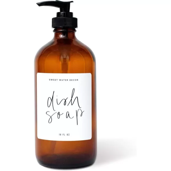 imageSweet Water Decor Amber Glass Jar Refill Soap Dispenser  Farmhouse Hand Lettered Waterproof Labels  16 oz Reusable Apothecary Jar with Pump Dish SoapAmber Bottle  Script Design
