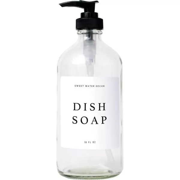 imageSweet Water Decor Amber Glass Jar Refill Soap Dispenser  Farmhouse Hand Lettered Waterproof Labels  16 oz Reusable Apothecary Jar with Pump Dish SoapClear Bottle  Modern White Label