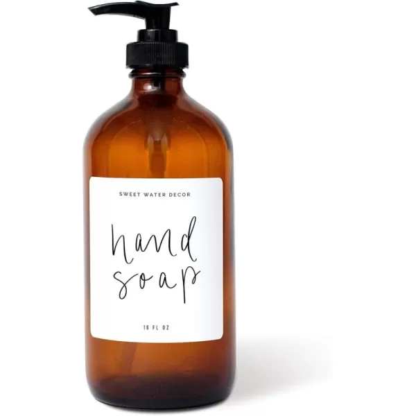 imageSweet Water Decor Amber Glass Refill Soap Dispenser  Farmhouse Rustic Waterproof Bathroom Label  16 oz Reusable Soap Bottle with Pump Hand SoapAmber Bottle  Script Design
