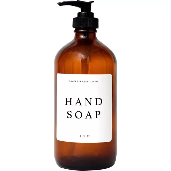 imageSweet Water Decor Amber Glass Refill Soap Dispenser  Farmhouse Rustic Waterproof Bathroom Label  16 oz Reusable Soap Bottle with Pump Hand SoapAmber Bottle  Modern White Label