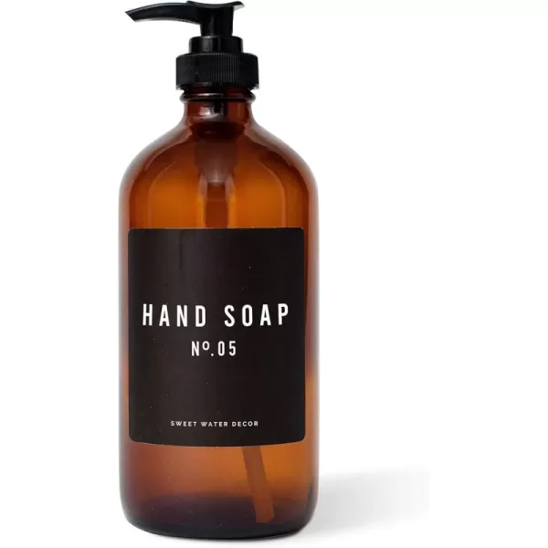imageSweet Water Decor Amber Glass Refill Soap Dispenser  Farmhouse Rustic Waterproof Bathroom Label  16 oz Reusable Soap Bottle with Pump Hand SoapAmber Bottle  Black Label
