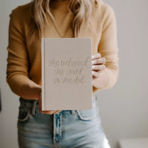 imageSweet Water Decor Cute Motivational Lined Composition Notebook for Women 100 Ruled Pages for Writing Diary with Fabric Inspirational Cover You Got ThisTan She Believed She Could