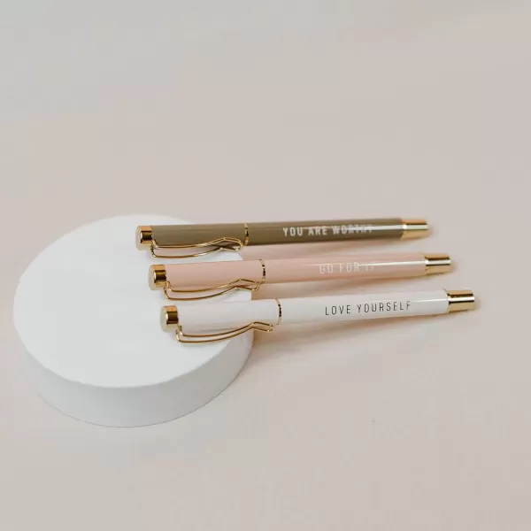 imageSweet Water Decor Inspirational Metal Pen Set  Motivational Pen Set for Home and Office  Refillable Pens with Black Ink  Neutral Desk Decor for Women  Graduation New Job Teacher Gifts for HerGo For It Set
