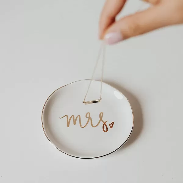 imageSweet Water Decor Ring Jewelry Dish Tray  Great for Her Engagement Engaged Ring Dish Holder Bride Ring Holder Gold Ceramic Trinket Tray Wedding AccessoriesMrs