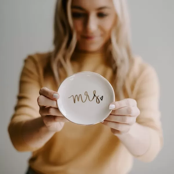 imageSweet Water Decor Ring Jewelry Dish Tray  Great for Her Engagement Engaged Ring Dish Holder Bride Ring Holder Gold Ceramic Trinket Tray Wedding AccessoriesMrs
