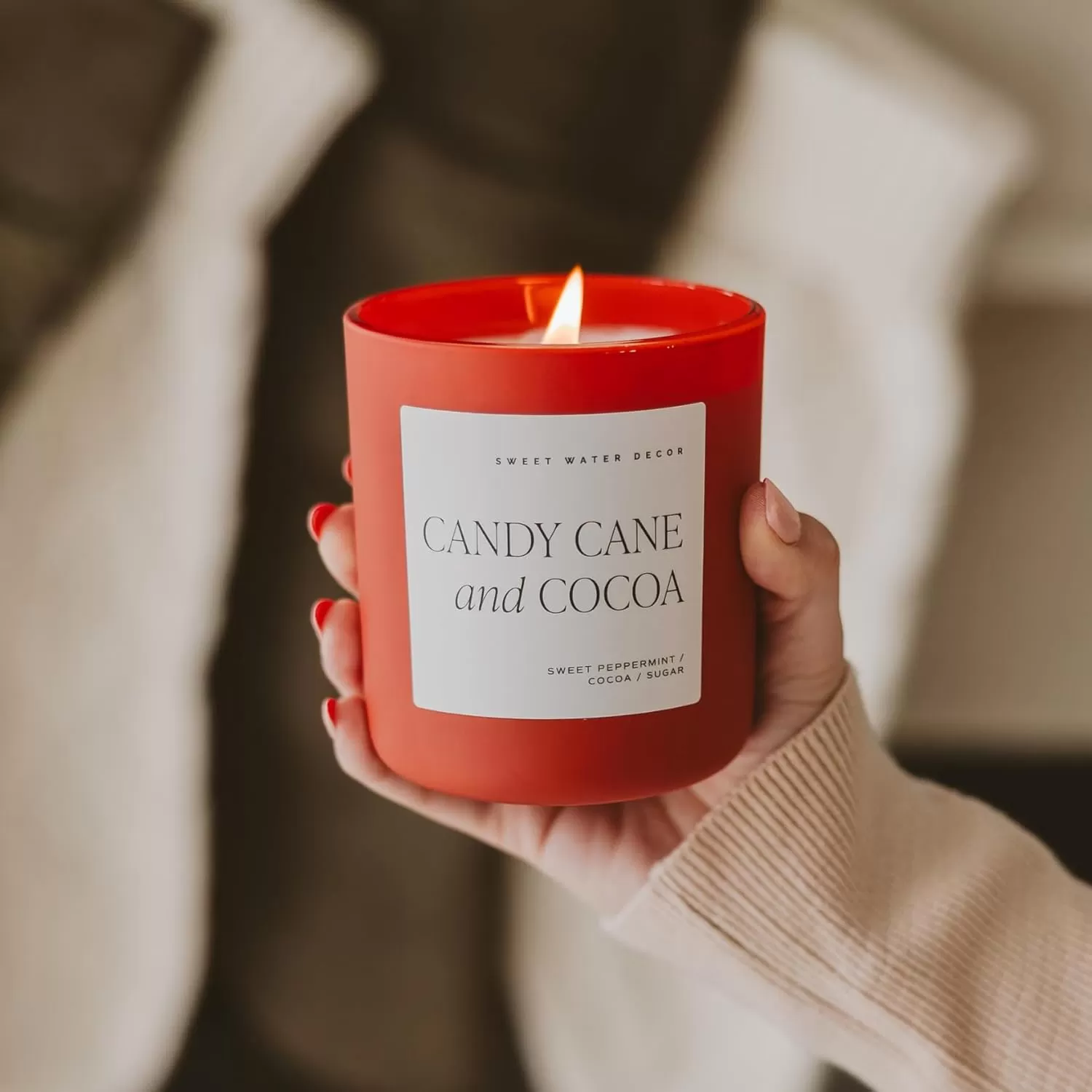imageSweet Water Decor By The Fireside Candle  Vanilla Caramel Amber Tonka Smoky Woods Musk Winter Scented Soy Candles for Home  15oz Tan Jar 70 Hour Burn Time Made in the USARed
