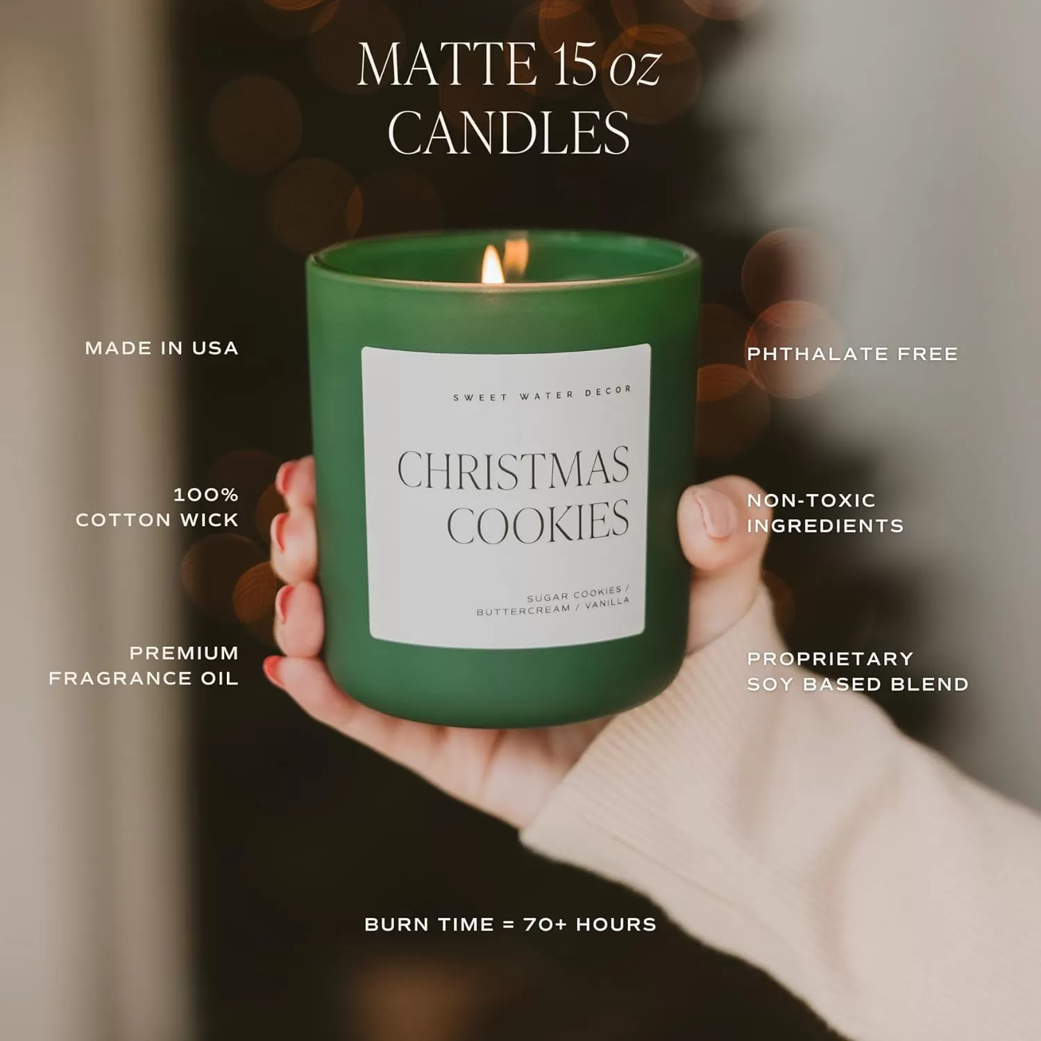 imageSweet Water Decor By The Fireside Candle  Vanilla Caramel Amber Tonka Smoky Woods Musk Winter Scented Soy Candles for Home  15oz Tan Jar 70 Hour Burn Time Made in the USAGreen