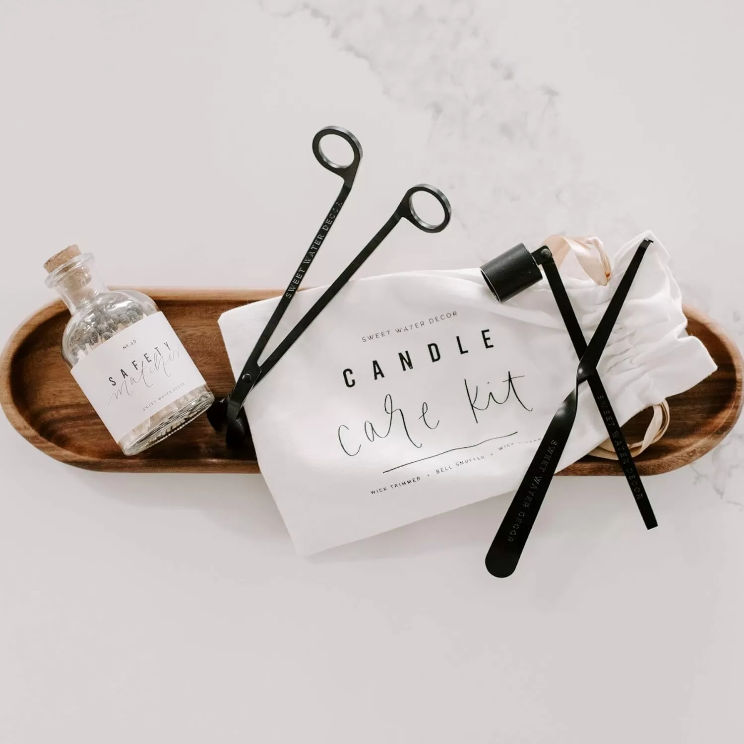 imageSweet Water Decor Candle Care Kit  Golden Candle Accessory Set Includes Wick Trimmer Wick Dipper and Bell Snuffer Tools with Drawstring Bag for Candle Lovers GoldMatte Black